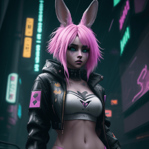 AI generated: digital artwork of anthromorphicBUNNY GIRL  female, fursona, furry fandom, neon rainy cyberpunk sett...