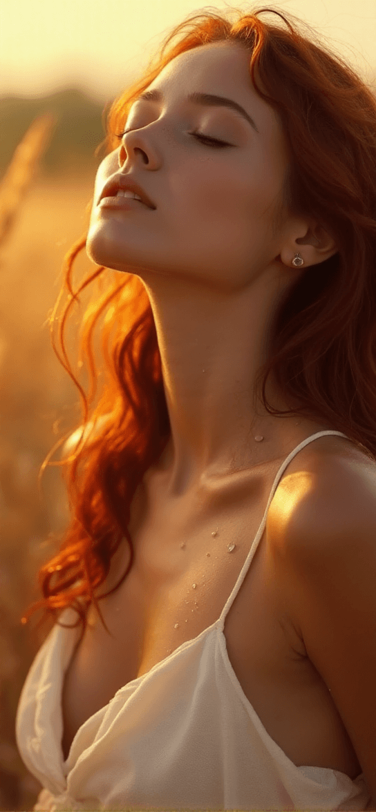 AI generated: cinematic still A close-up of an attractive,red hair woman in her early 20s wearing a wet linen dres...