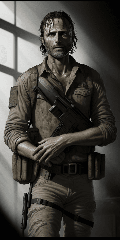 AI generated: a hyper realistic Rick Grimes from the walking dead as a futureistic soldier, the walking dead seaso...