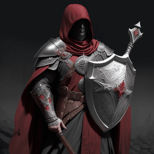 AI generated:  man cleric from the Middle Ages, with face covered by shade of dark-red hood, in scaled armour and ...