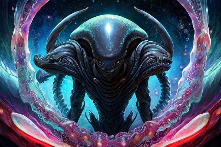AI generated: alien world, creeping, hypermile, a strange creature from the interweaving of long fluffy threads, g...