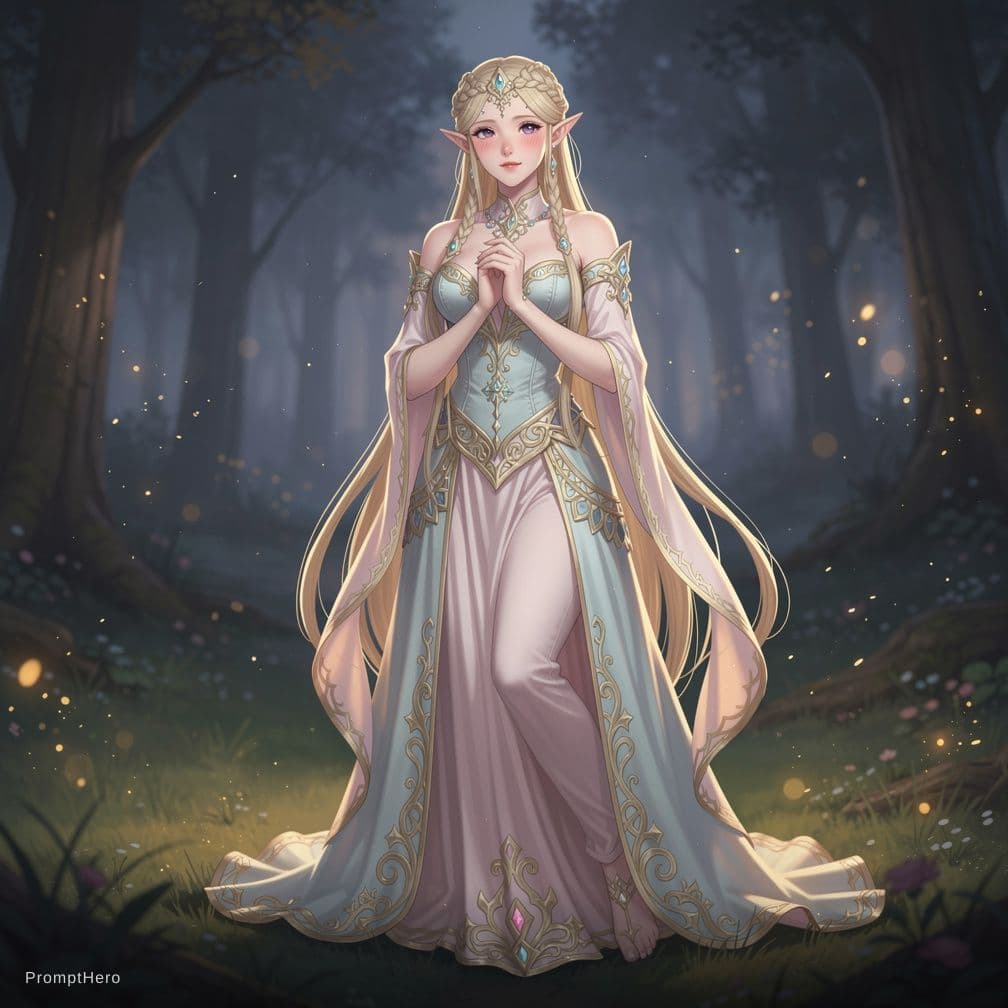 AI generated: princess, blushing nude elf girl, full body pose, extremely detailed, nude, large breasts, perfect n...