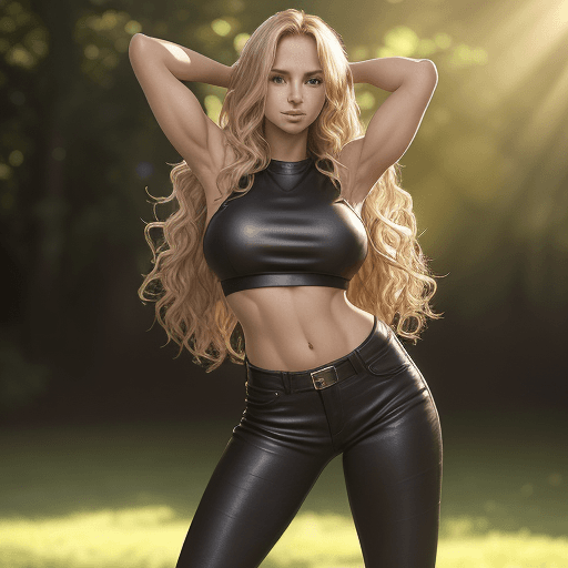 AI generated: girl, full body, beautiful, wavy blonde hair, sexy black crop top, skinny leather jean, black boots,...