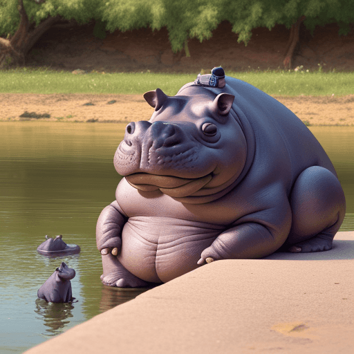 AI generated: Little hippo named Gosha sitting sadly by a river, watching other animals play in the distance. 