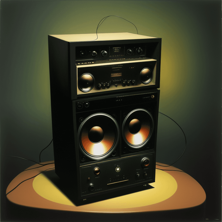 AI generated: music Album cover picture, surreal art, oil picture, speaker,  electronic, 1980