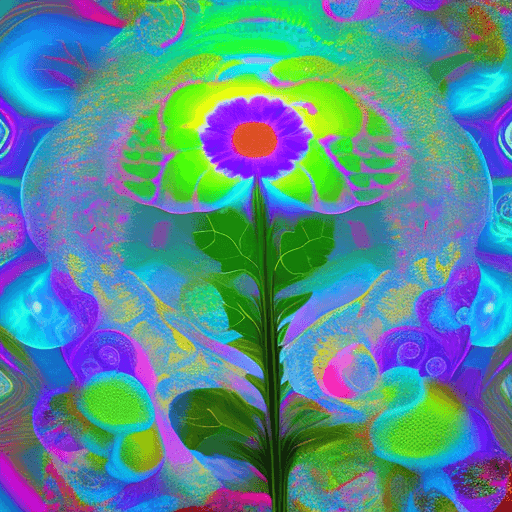 AI generated: psychedelic flower with lightful bubble bloom, standing in forest clearing, digital art