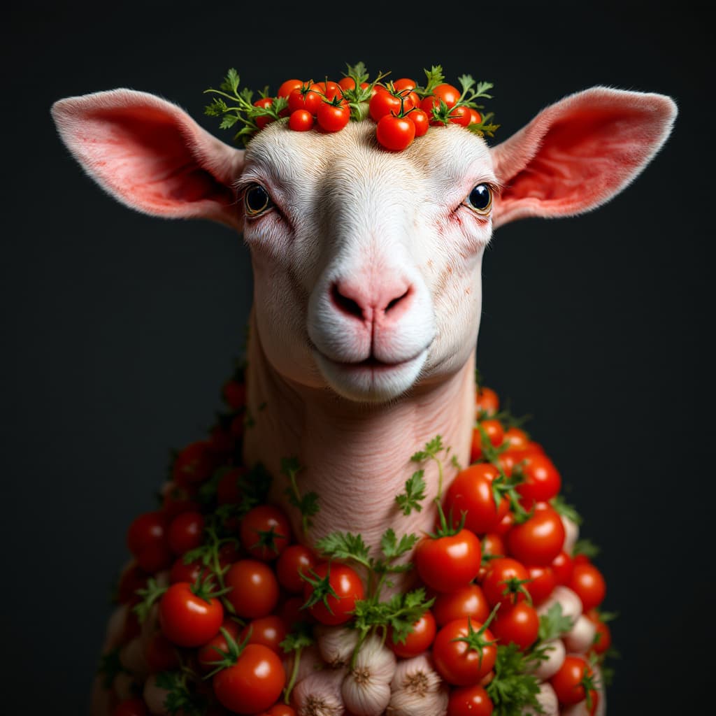 AI generated: photo close up, studio portrait, hairless big fat sheep thin lines tattooed with tomatos,  full body...