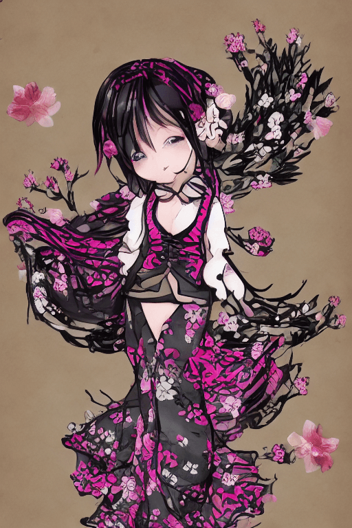 AI generated: (full-body), (chibi) 1 cute girl,solo dancing,black hair, pink HanFu with flowers embroidered patter...