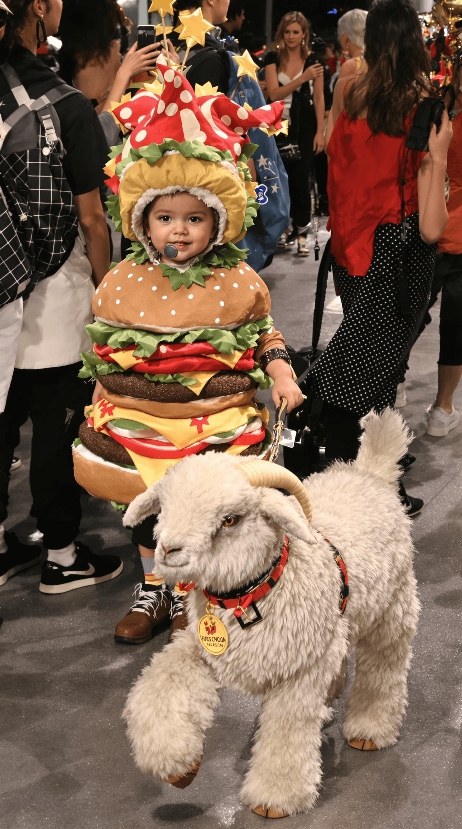 AI generated: A baby girl dressed as hamburger leads a pet manga white goat on a leash while walking at a fashion ...