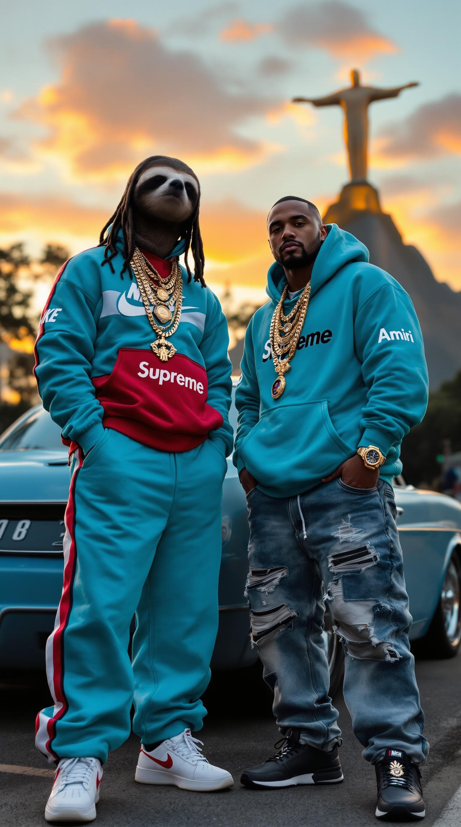AI generated: Two men with a rich favela hustler aesthetic, blending sportswear and luxury. The sloth-headed man w...