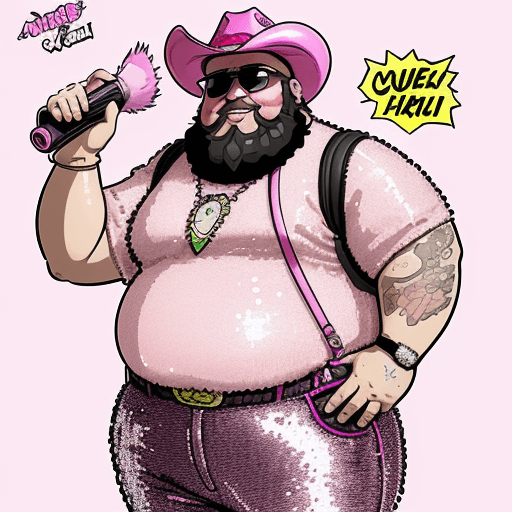 AI generated: Happy, overweight, old male, Pink fuzzy short sleeve type sweater, eagle arm tattoo, Pink, sequin, K...