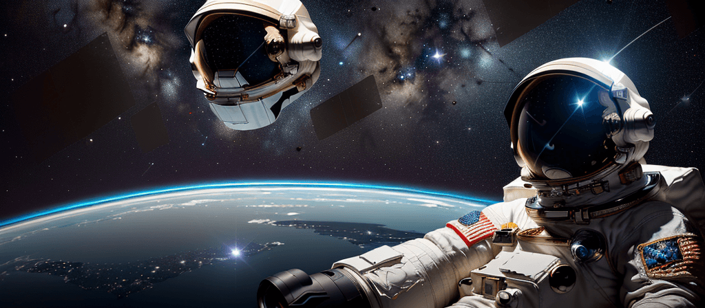 AI generated: An astronaut floating in space, Earth in the background, stars scattered, space debris, reflections ...