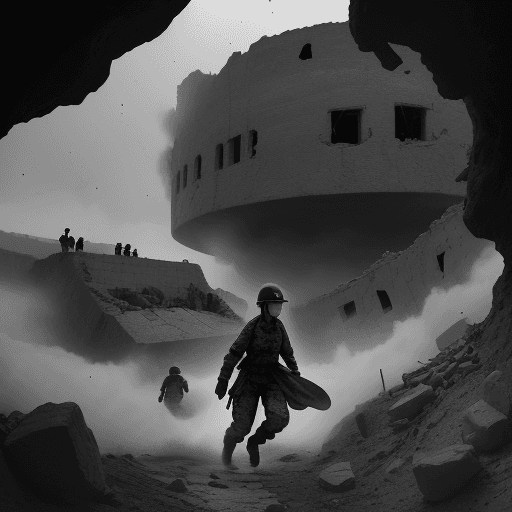 AI generated: Under the dark sky, a Chinese female soldier dressed in anti-war uniform walked through the ruins. T...