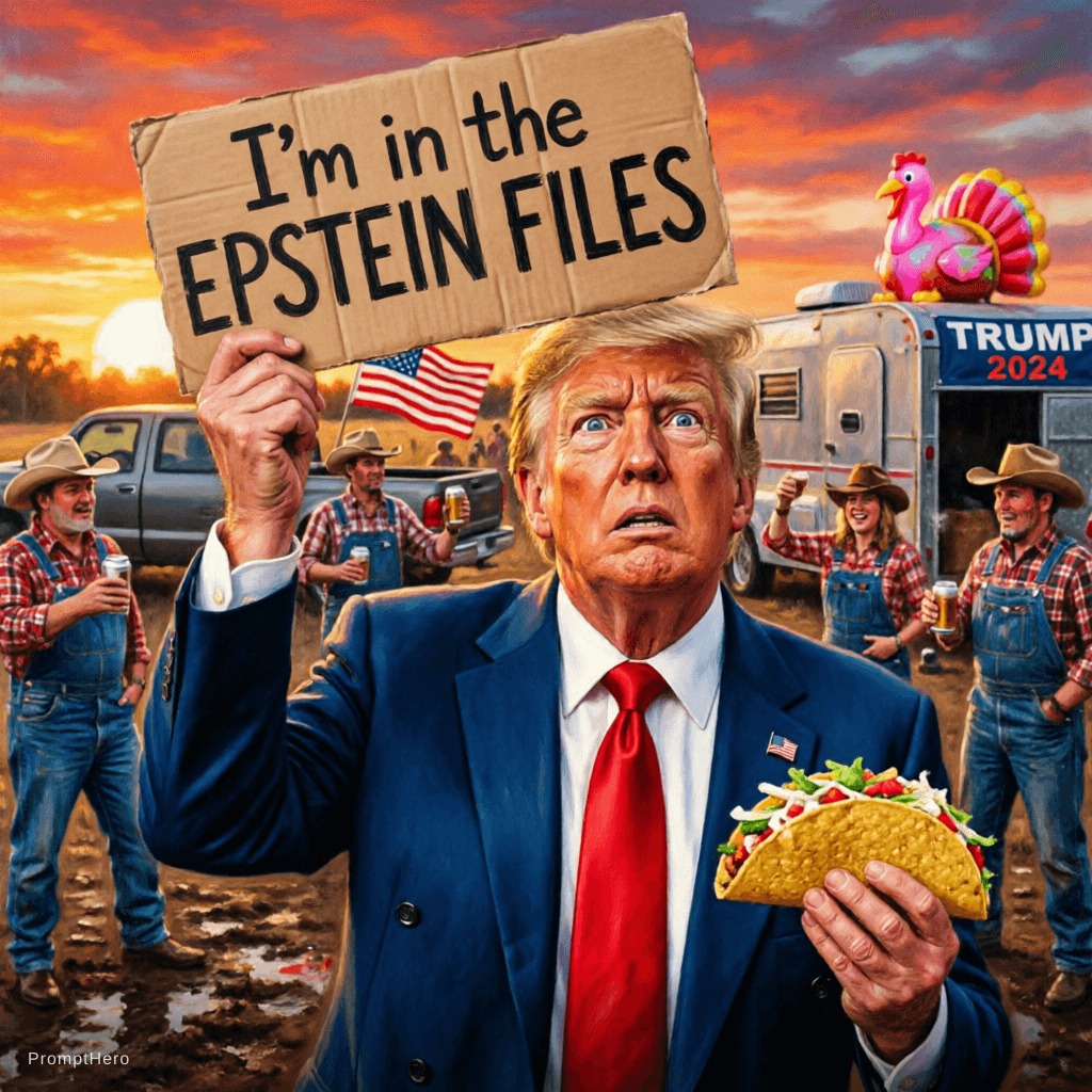 AI generated: U.S. President, Donald J. "TACO" Trump looking upwards afraid holding a TACO holding up a sign and t...