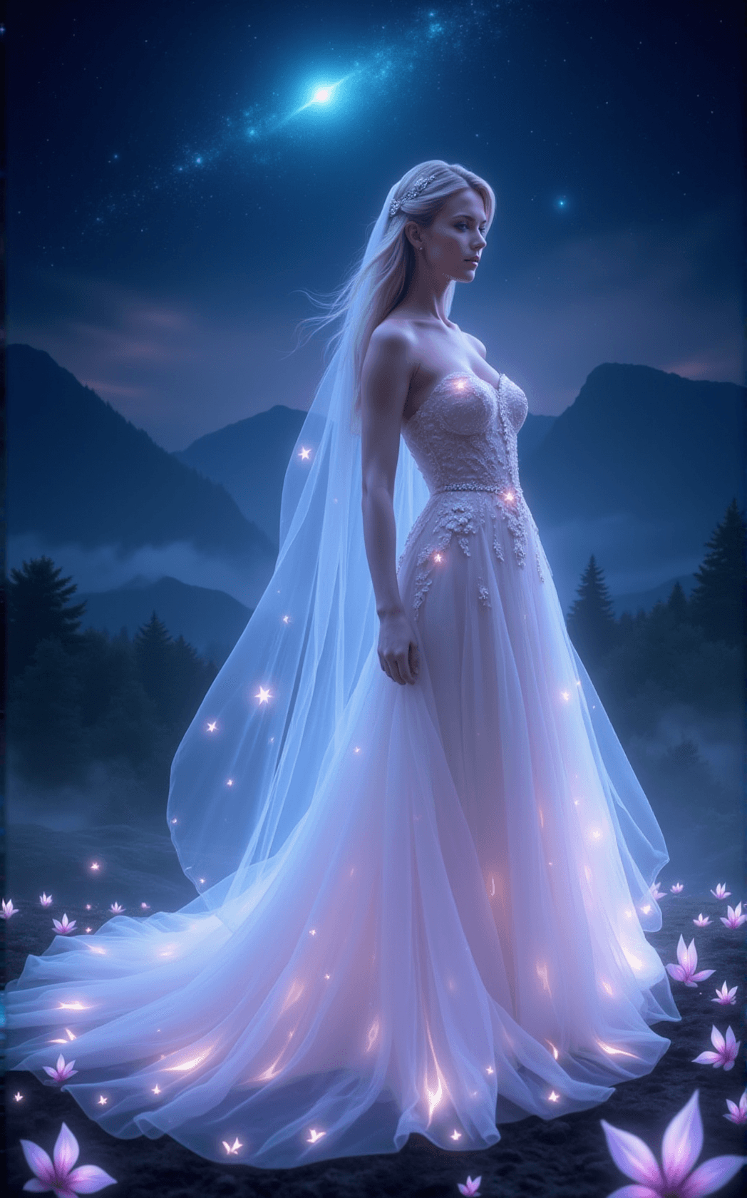 AI generated: an ethereal and otherworldly image of a bride from another realm. The bride should be depicted in a ...