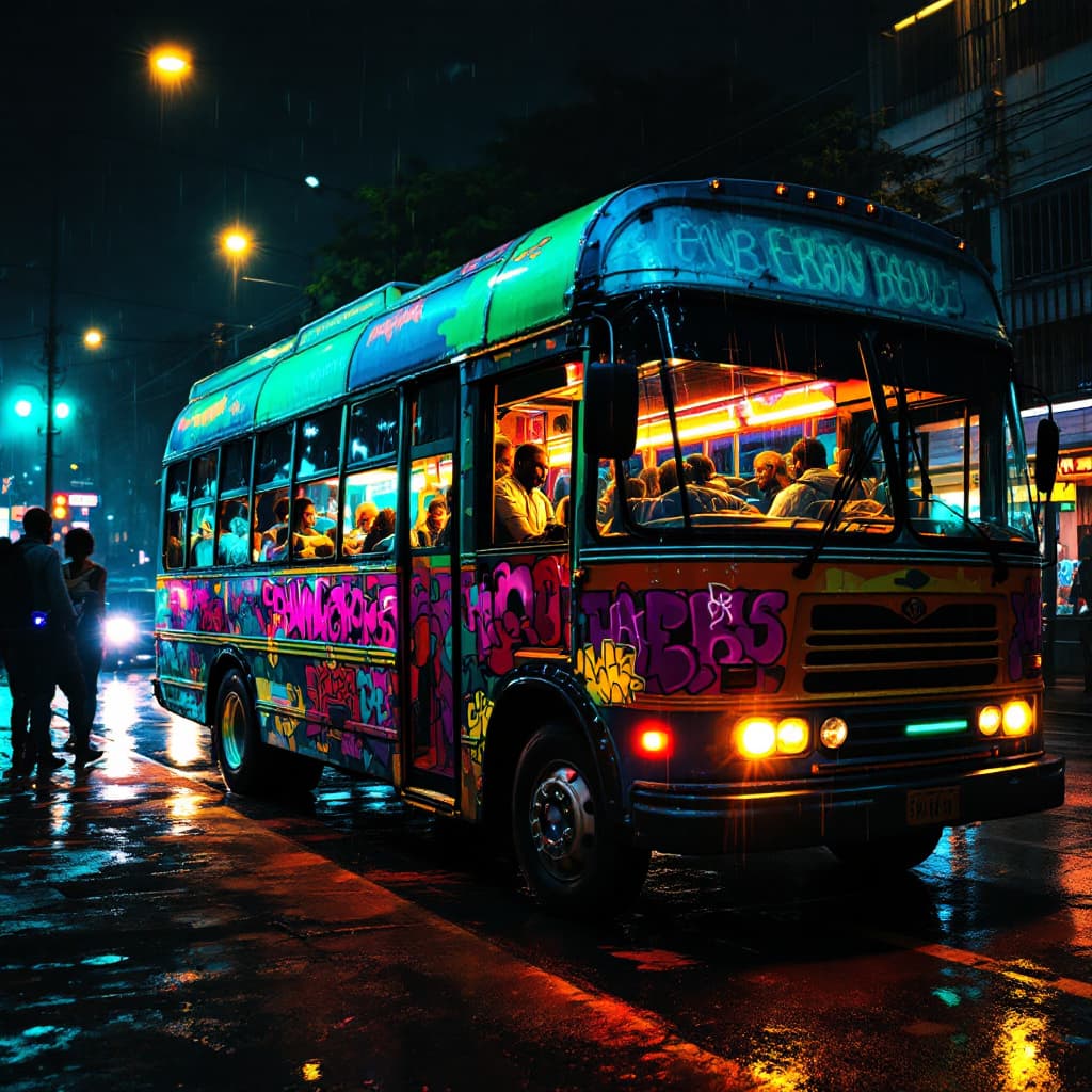 AI generated: Colorful matatu (Kenyan public minibus) parked under city lights, glowing with neon interior lights ...