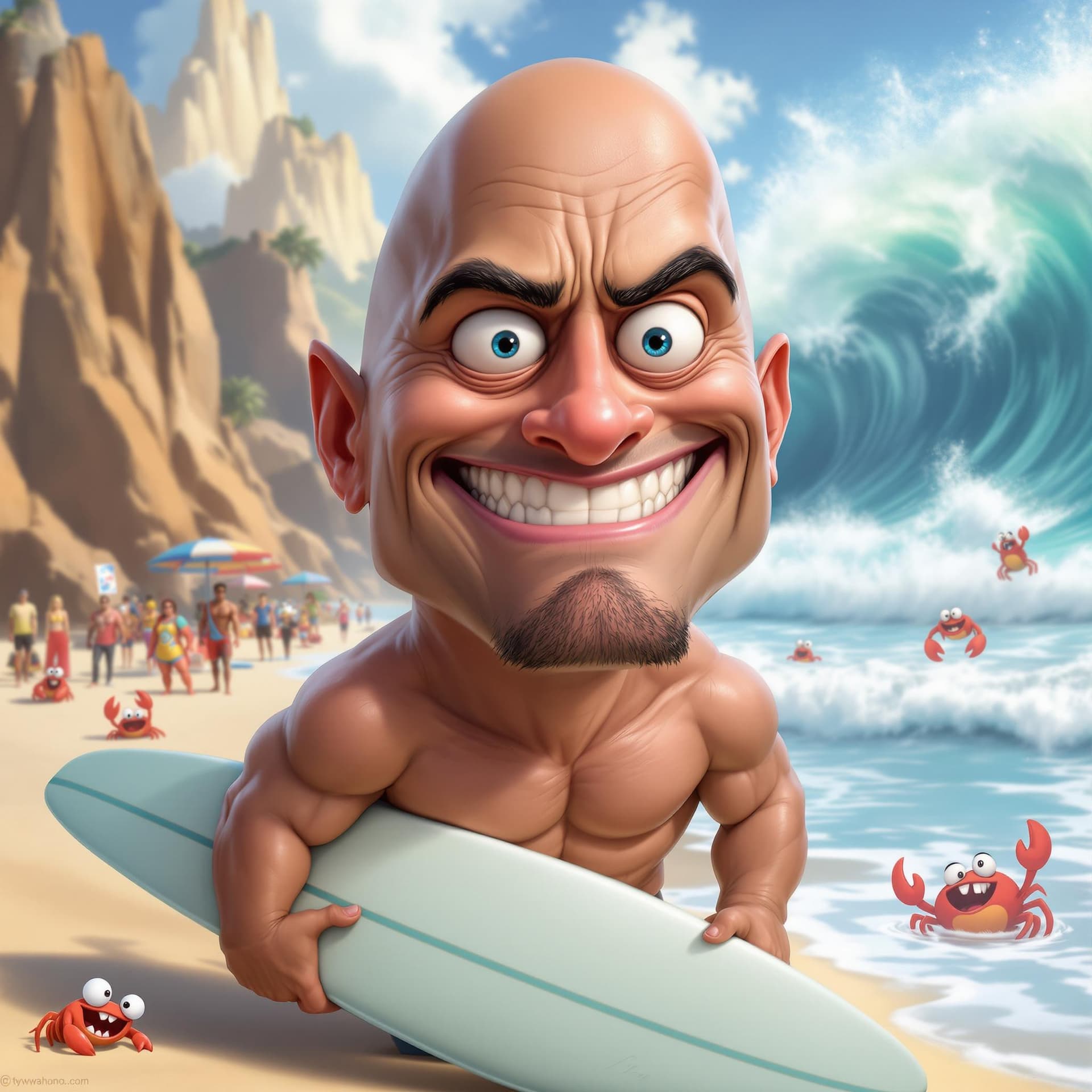 AI generated:  a humorous, exaggerated caricature of Dwayne Johnson. His face has oversized, intense eyes with one...