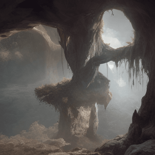 AI generated: ultra realistic realistic photo looking out the mouth of a cave that has vines and roots hanging fro...