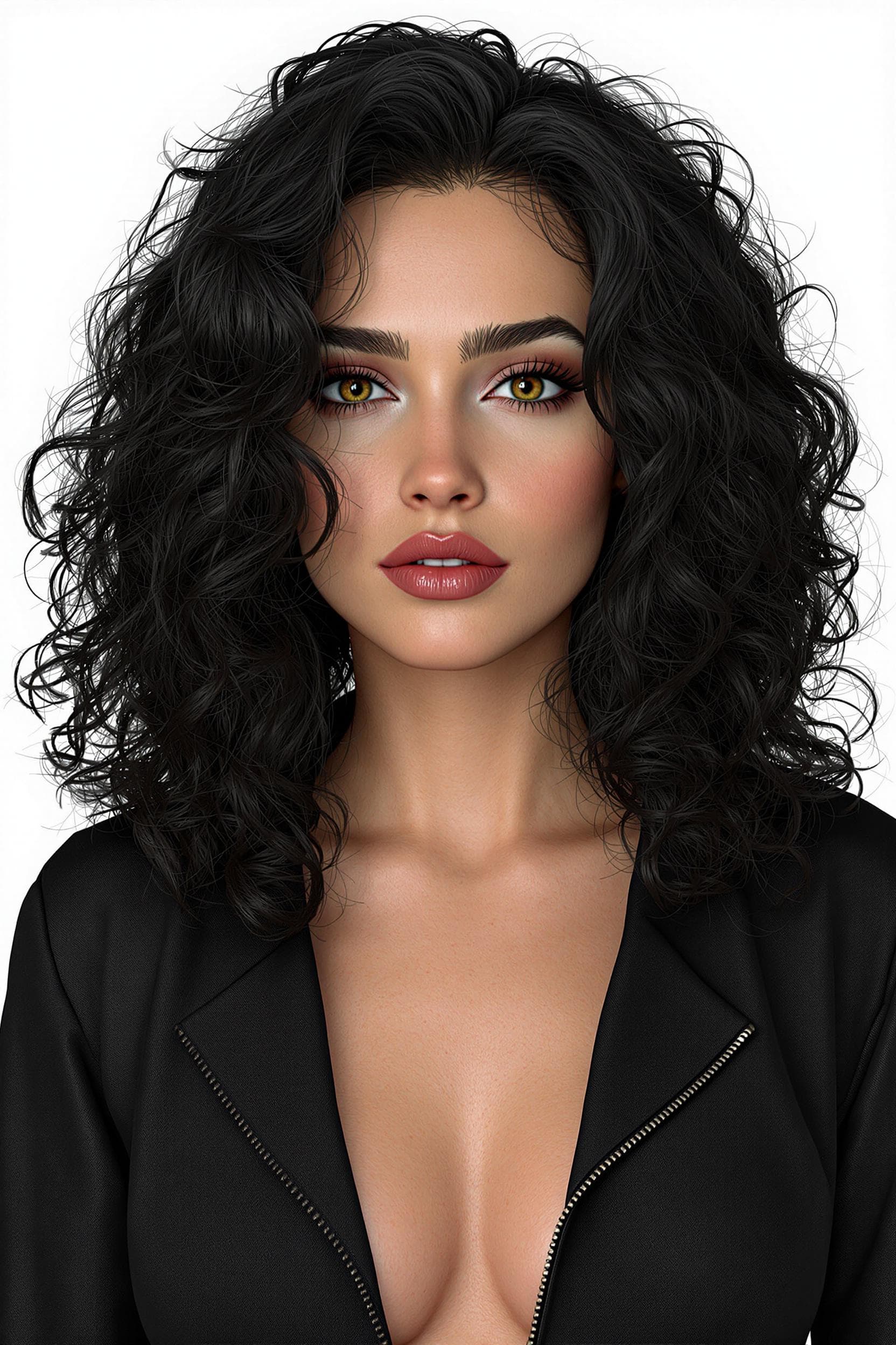 AI generated: un modèle aux cheveux noirs bouclés, dans le style de daz3d, gros plan, brumeux, ondulé, brun, tondo...