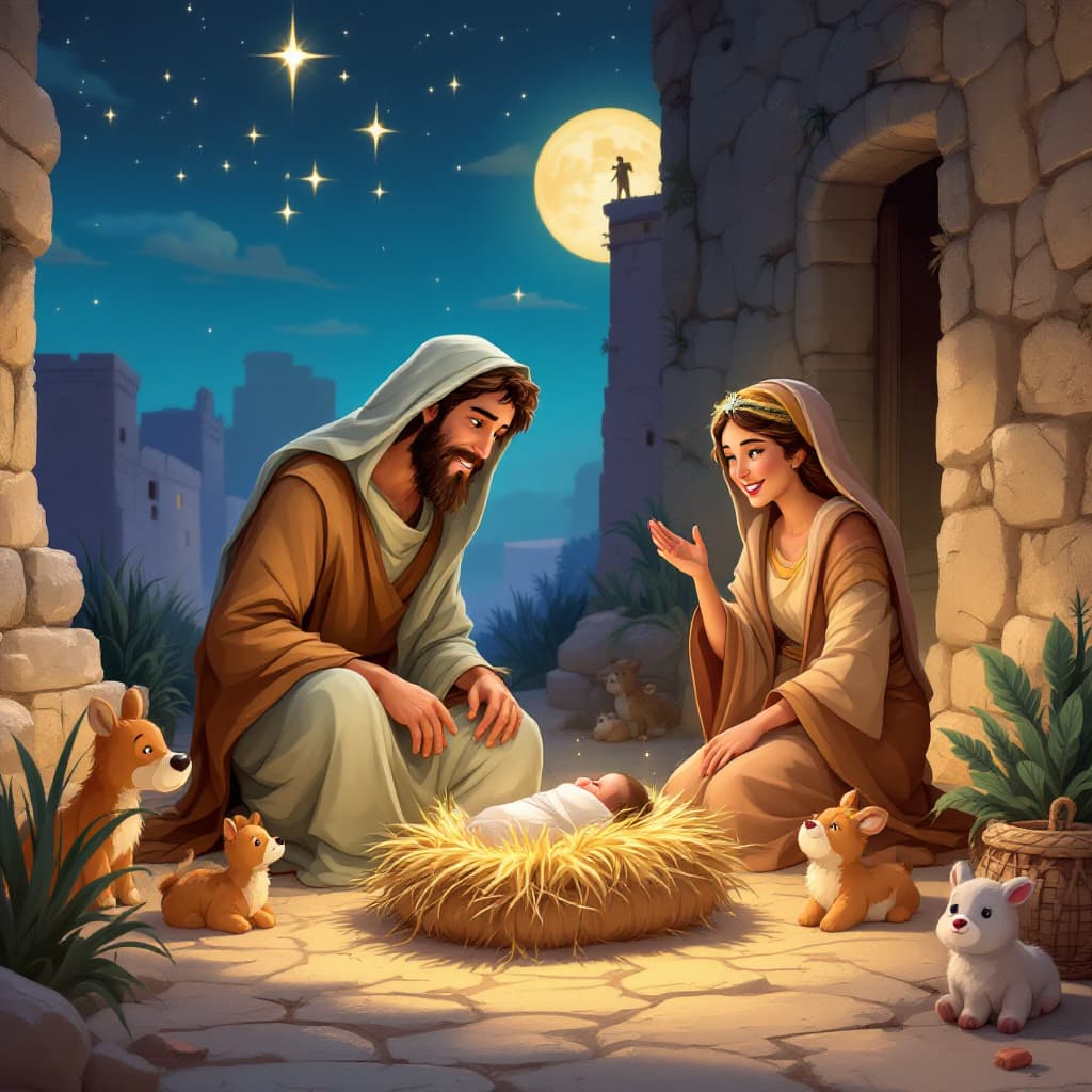 AI generated: Joseph and Maria, in Jerusalen with the baby born, and little animals, in the Disney 2D traditional ...