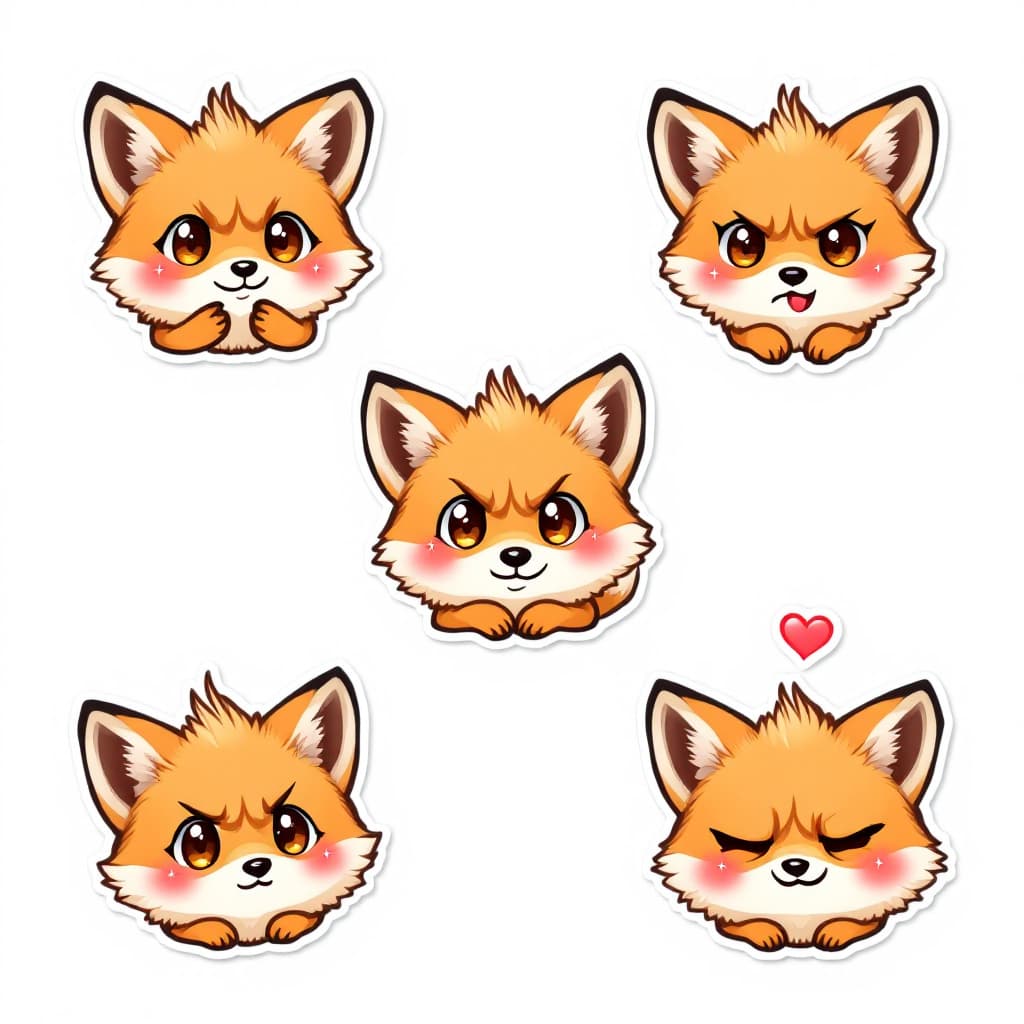 AI generated: "A set of five adorable chibi-style fox emojis, each featuring a small, fluffy orange fox with big s...