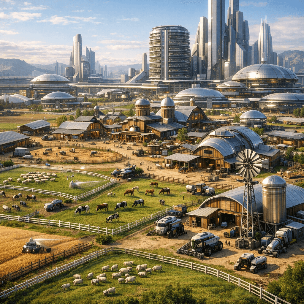 AI generated: Display an aerial view of a sleek, futuristic Old American Western Farming City, a reminder of the G...
