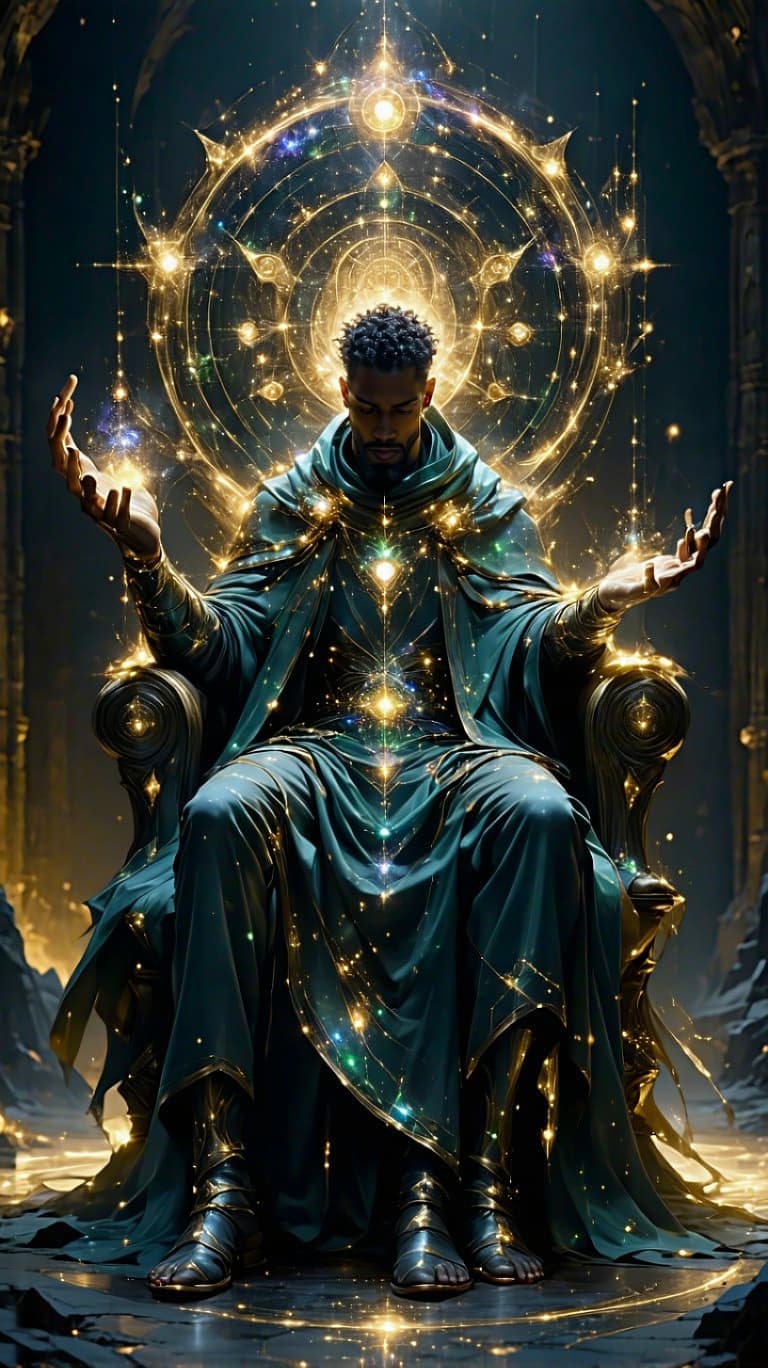 AI generated: A regal celestial king, adorned in opalescent golden armor etched with cosmic fractals, sits upon a ...