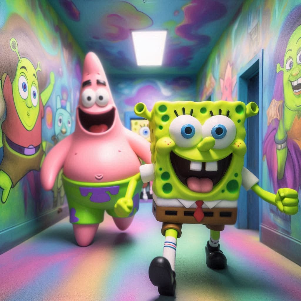 AI generated: Shrek colores estética infantil de sala cerrada y paredes pintadas en una sala recreativa, corriendo...