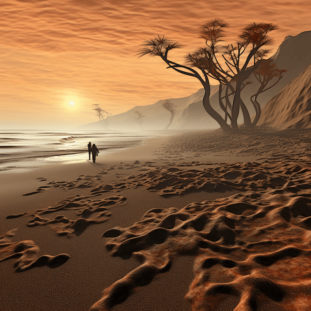 AI generated: captivating dawn on a dark sand beach, waves in a sea with nameless hidden creatures, red and gold s...