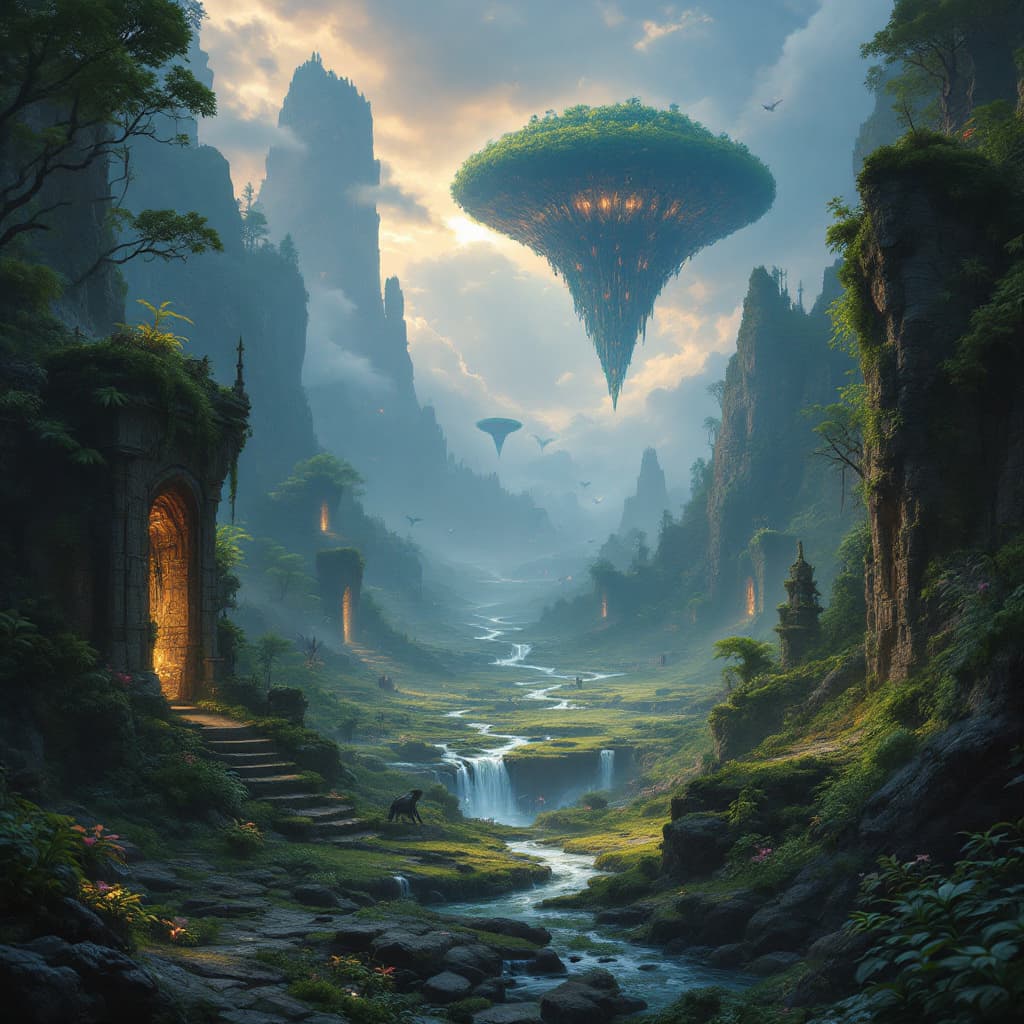 AI generated: A fantastical, mysterious landscape set in an ancient, magical world. The terrain is a mix of lush, ...