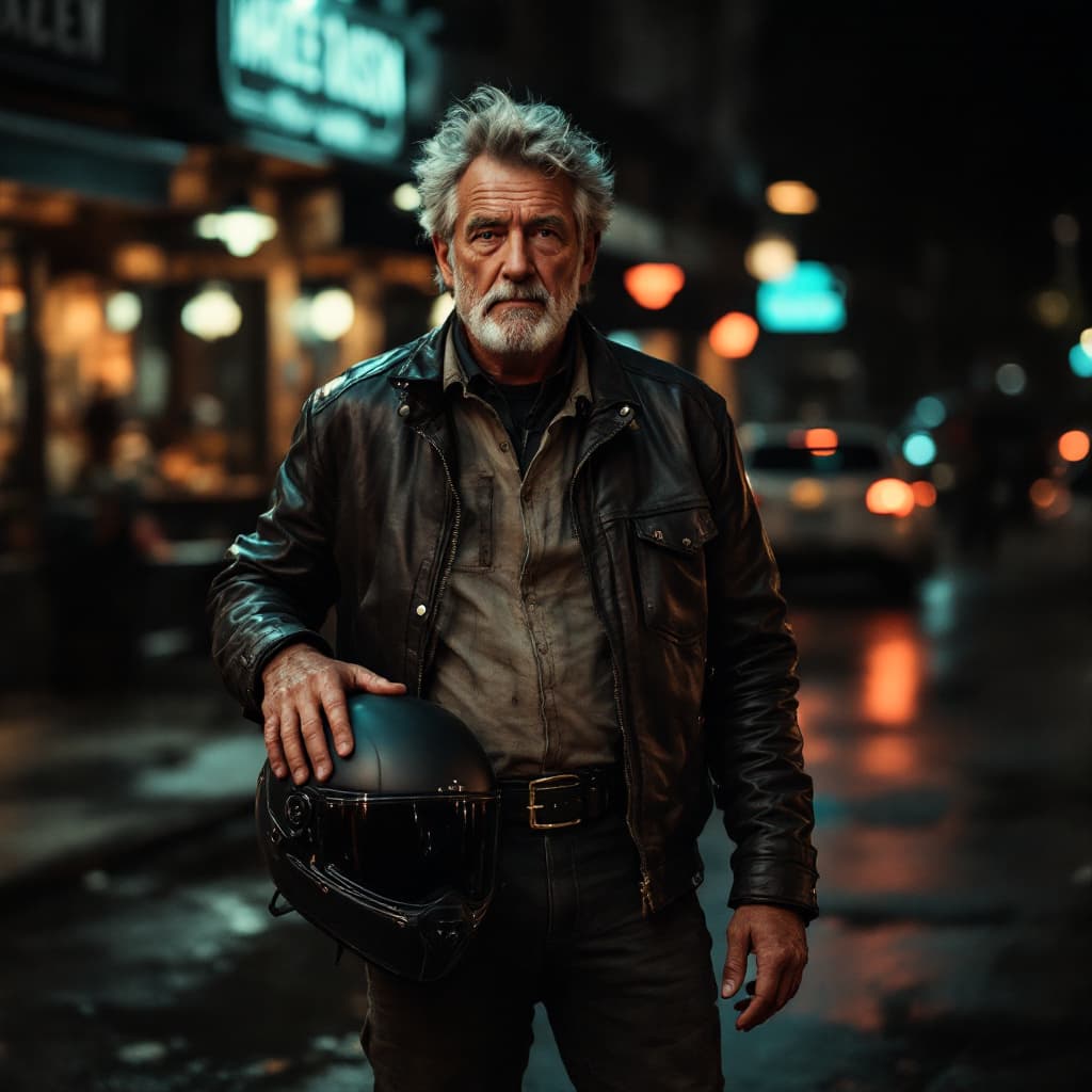 AI generated: photo of a middle-aged british man, full body, wearing worn-out:1.2 leather jacket, trousers, boots,...