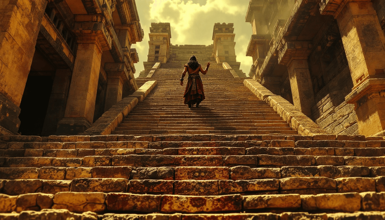 AI generated: Cinematic shot of a history movie, Aztec priest, temple steps, pre-Columbian Mexico, high noon, Azte...