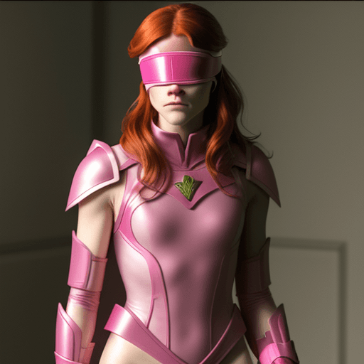 AI generated: Rose Leslie wearing a blindfold, dressed as the Pink Power Ranger.