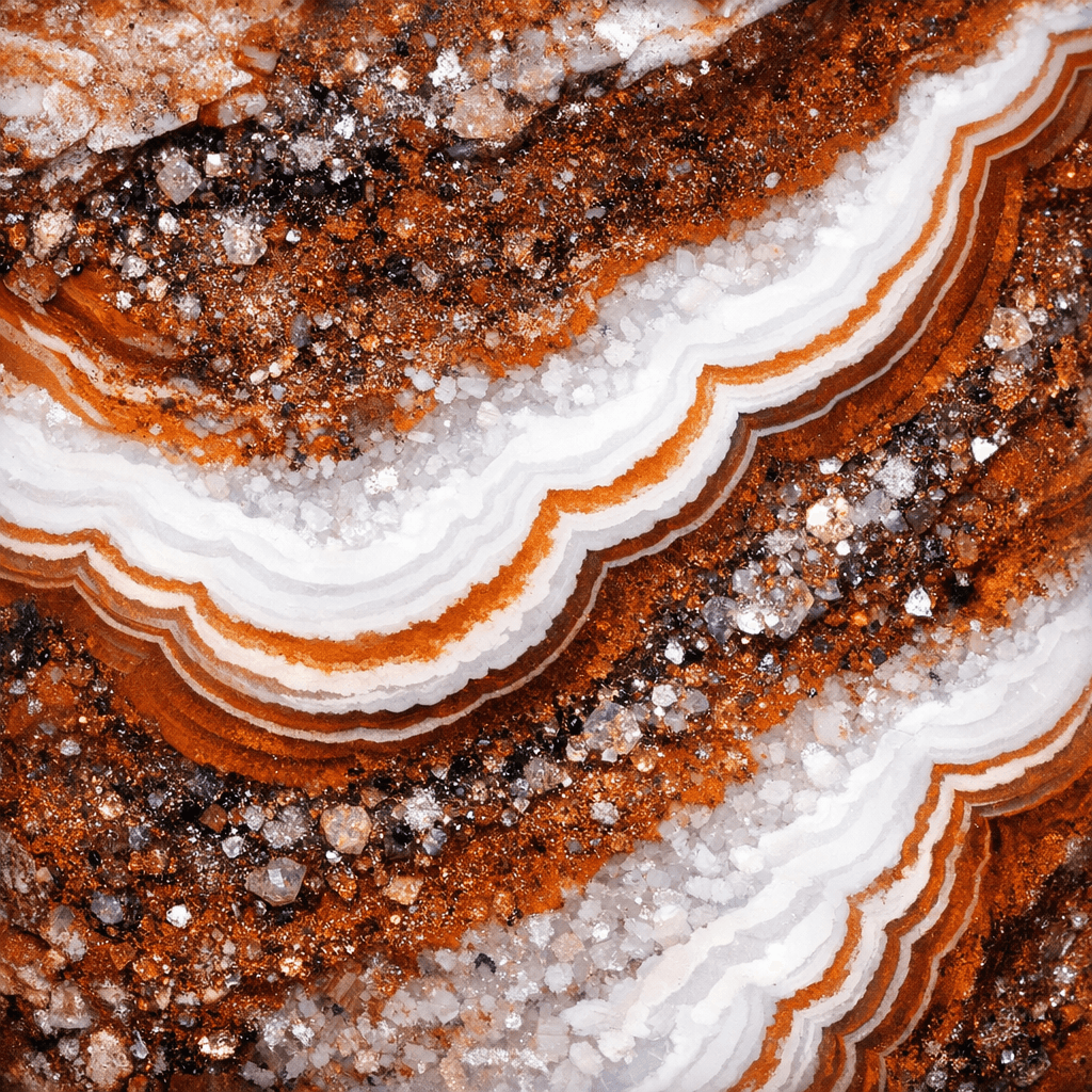 AI generated: Rust-colored agate with contrasting white bands and mineral flecks