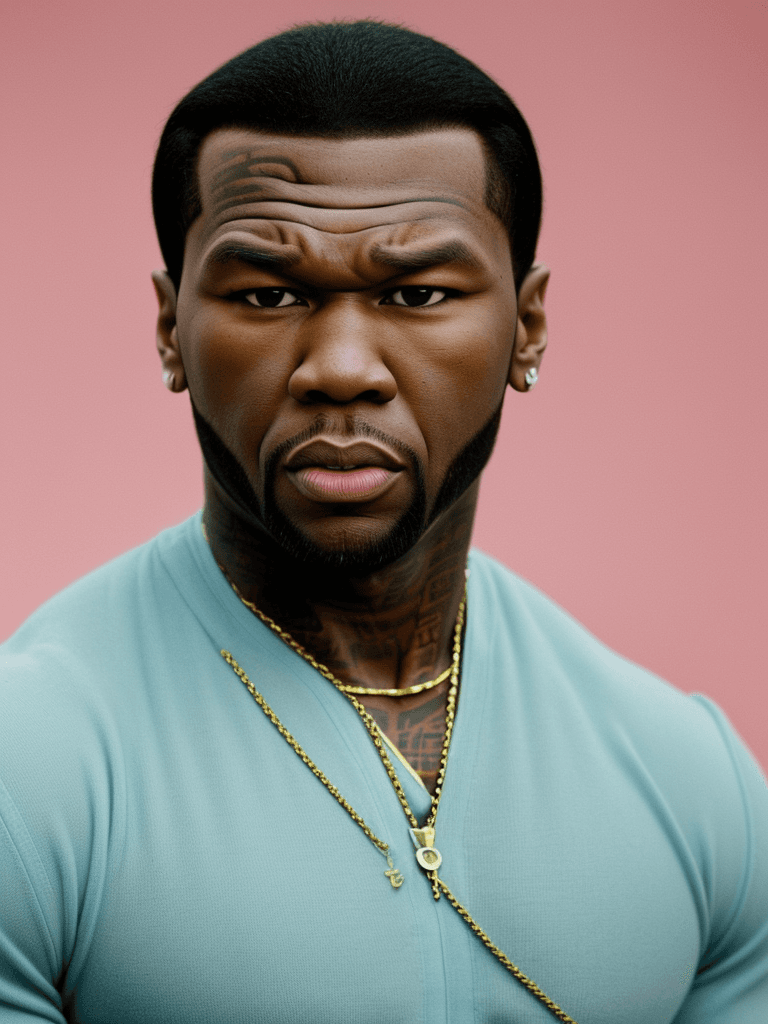 AI generated: Vogue style photo shoot of 50 Cent as character therock from the movie The Royal Tenenbaums pastel c...