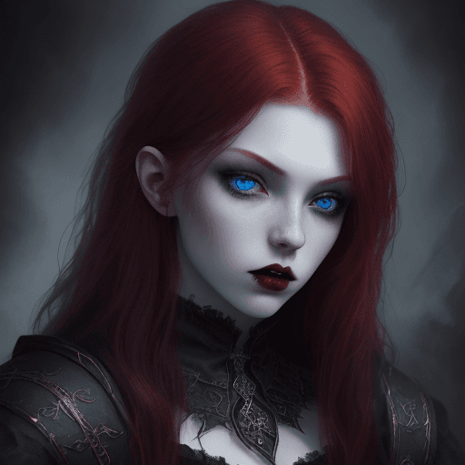 AI generated: highly detailed portrait of russian 20-year-old woman, dark evil red hair, fantasy, pale skin, vampi...