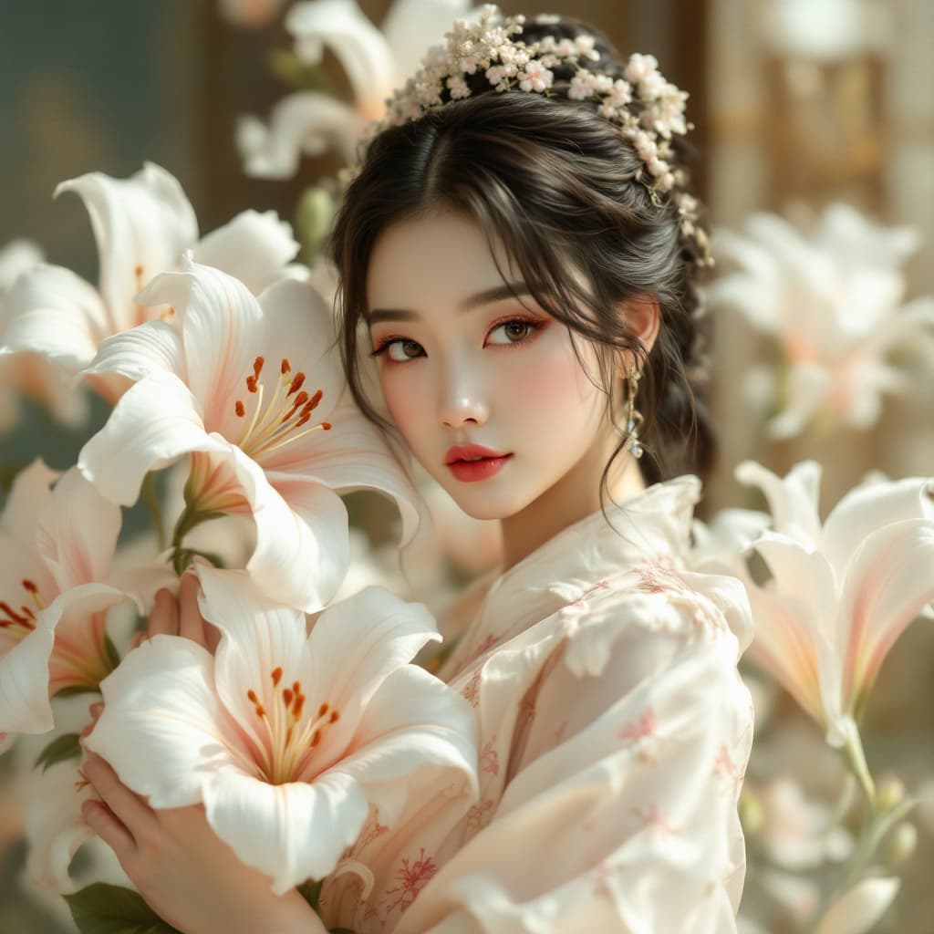 AI generated: Ultra-detailed, highly textured classical oil painting of Queen Lily, standing close to the viewer. ...