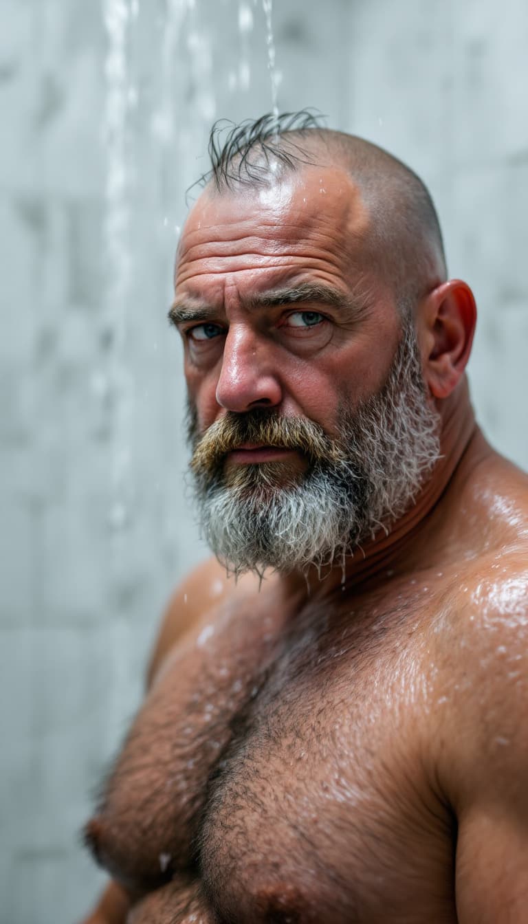 AI generated: old Caucasian Electrician worker, 50 years old, shirtless, beautiful face, bearded, hairy chest, bee...