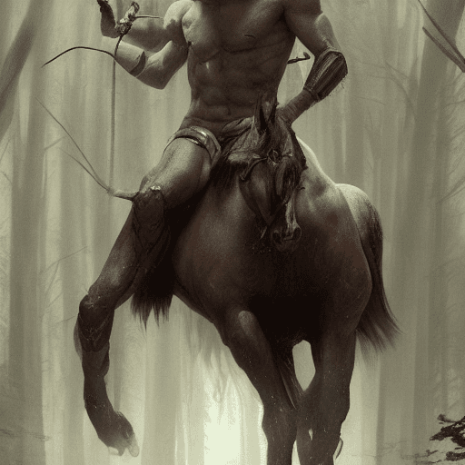 AI generated: Adam Driver as a centaur warrior, human torso on a horse body, galloping through the forest, digital...