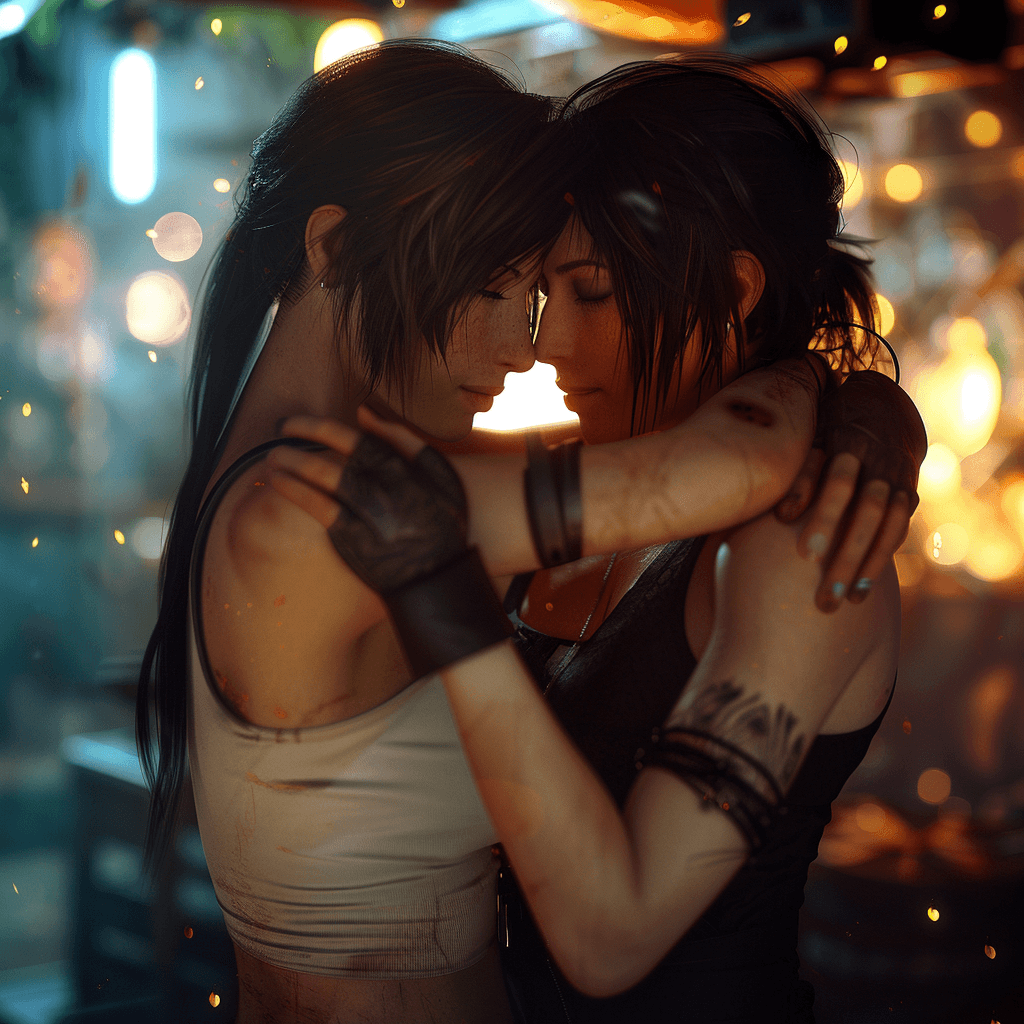 AI generated: Tifa Lockheart, is having a secret meeting with Lara Croft. They both embrace each other passionatel...
