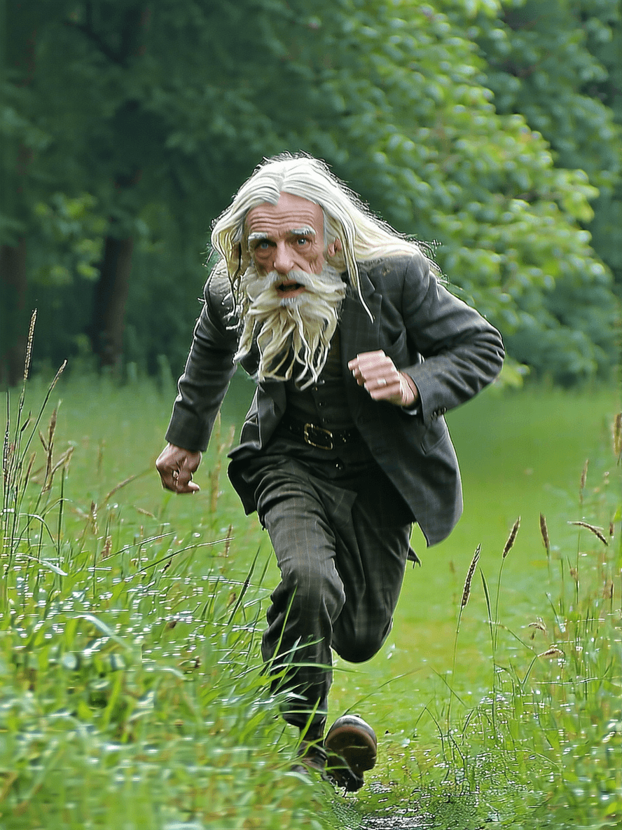 AI generated: They found an old man running there: He had ragged long grass-coloured hair; He had knees that stuck...