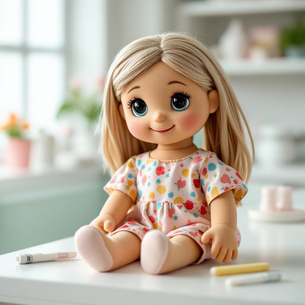 AI generated: A 50 cm tall educational rag doll designed for children to learn about blood tests. The doll has a s...