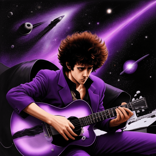AI generated:  Spike spiegel plays guitar beside the blackhole, purple, black, space, amazing, deep, spaceship, 
