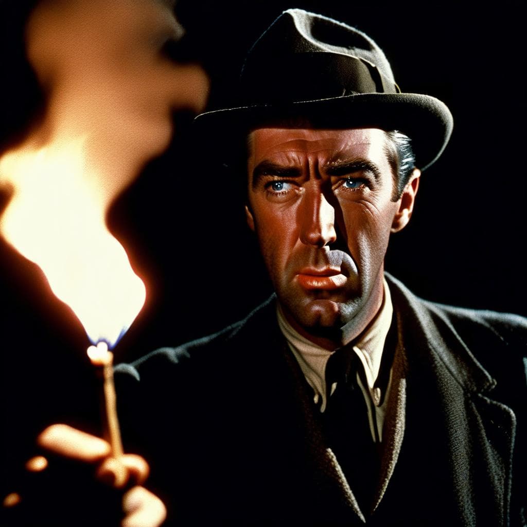 AI generated: Portrait of James Stewart as a detective probing in the dark, his face lit by a burning matchstick, ...