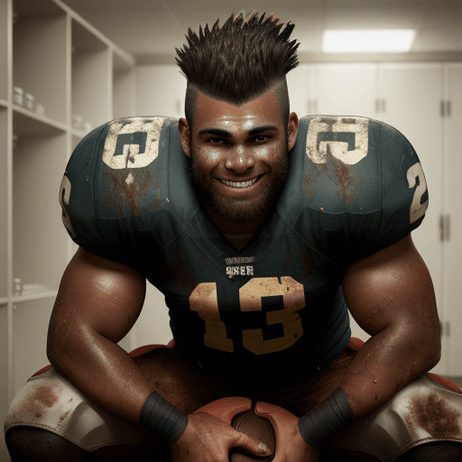 AI generated: grinning rugged american football player with a brown mohawk, sweaty and muddy, crouching in a locke...