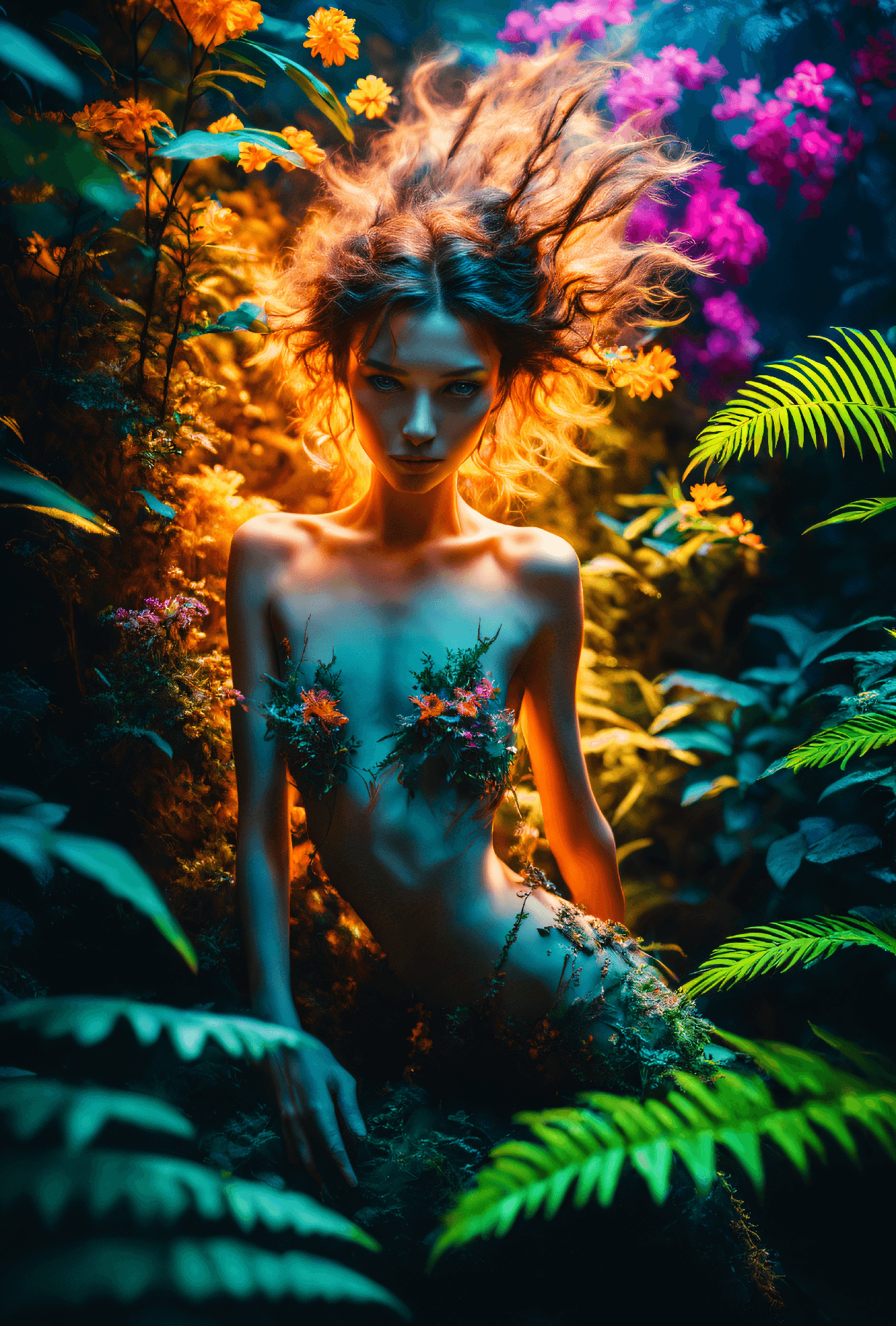 AI generated: photograph, intricate details, knee level shot of a young woman, very thin, fit, abs, (topless:1.5) ...