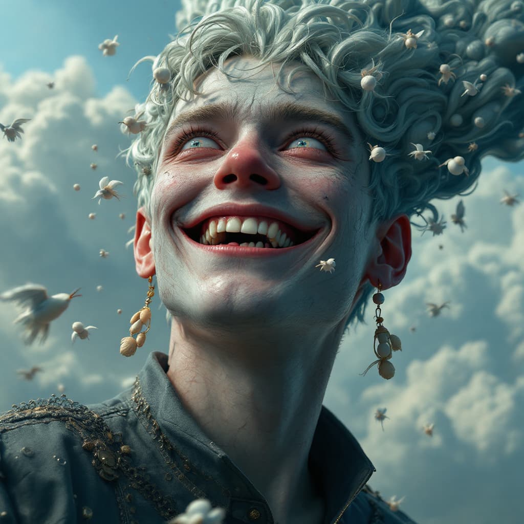 AI generated: A young man with humorous smile, mad sky hallucination by Mundford, baroque maximalist, chibi by Art...