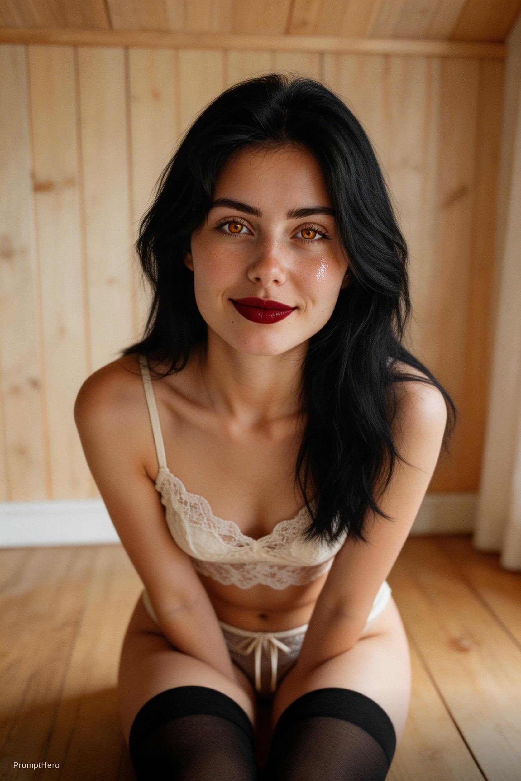 AI generated: A photo features a captivating woman with a warm complexion, her skin with a slightly oily appearanc...