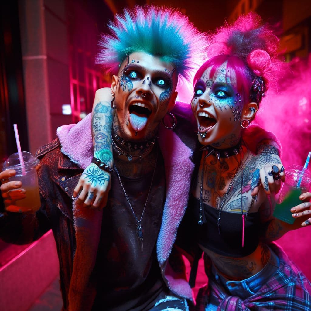 AI generated: Deux amies punk rock s'amusent dans la rue, profitant de la nuit animée. Elles se tiennent par la ta...