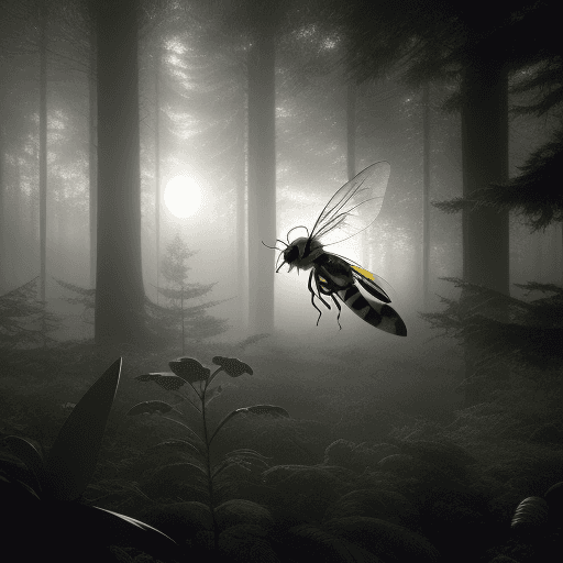 AI generated: Hyper realistic eye level exterior photo of a wasp flying around a stationary owl, pale sunrise, for...